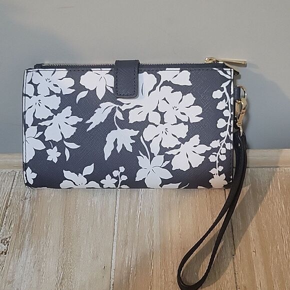 Michael Kors Jet Set Travel Double Zip Wristlet Navy Blue Floral Wallet - Picture 6 of 10
